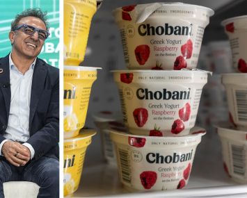 Chobani CEO Hamdi Ulukaya and Chobani yogurt on store shelves.
