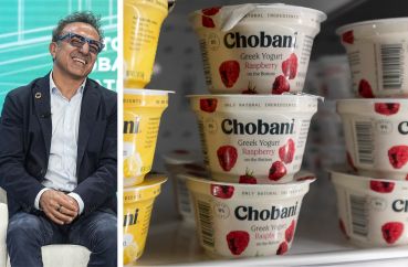 Chobani CEO Hamdi Ulukaya and Chobani yogurt on store shelves.