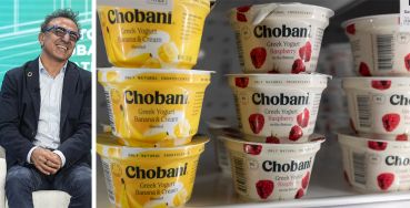 Chobani CEO Hamdi Ulukaya and Chobani yogurt on store shelves.