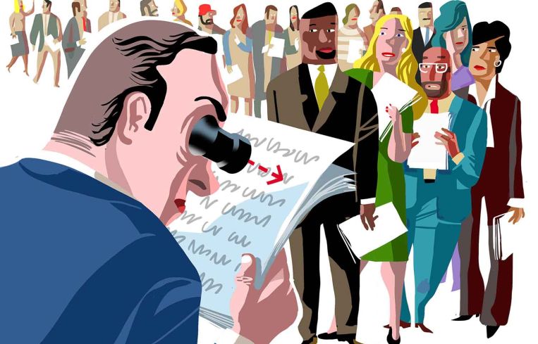 An illustration of a man with a monocled eyeglass examining forms while a line of anxious people wait for him.