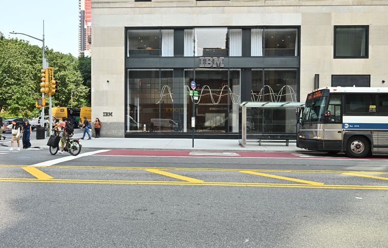 The entrance to an office building from across the street.