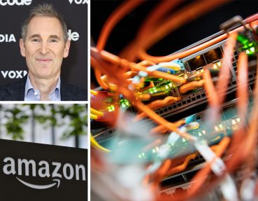 Amazon CEO Andy Jassy, and a data center server.