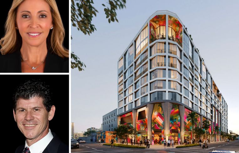 Goldman Properties co-chair Jessica Goldman Srebnick, CEO Scott Srebnick, and a rendering of the proposed development for 2215 NW First Place.