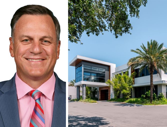 John Crotty, principal at Avison Young, and FXE Gateway. The property includes a 20,150-square-foot building and an attached 18,048-square-foot private hangar that can hold up to four planes.