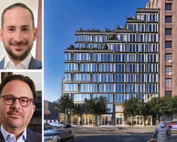 Maxim Capital Group's Josh Greene and Adam Glick, and a rendering of the project at 430 West 37th Street.