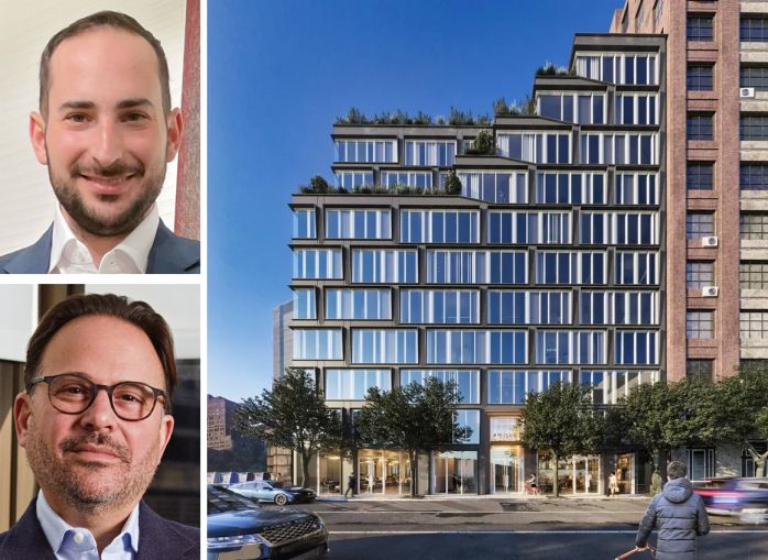 Maxim Capital Group's Josh Greene and Adam Glick, and a rendering of the project at 430 West 37th Street.