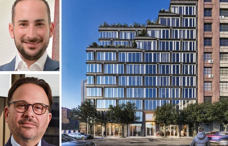 Maxim Capital Group's Josh Greene and Adam Glick, and a rendering of the project at 430 West 37th Street.