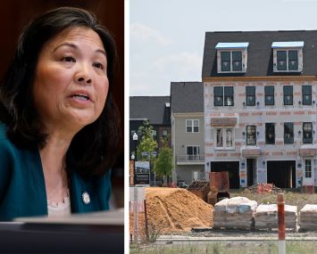 Acting Secretary of Labor Julie Su and townhouses under construction.