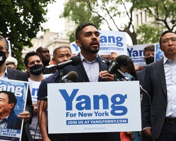 Assemblyman Kenny Burgos speaks during a rally for NYC Mayoral candidate Andrew Yang on May 2021.