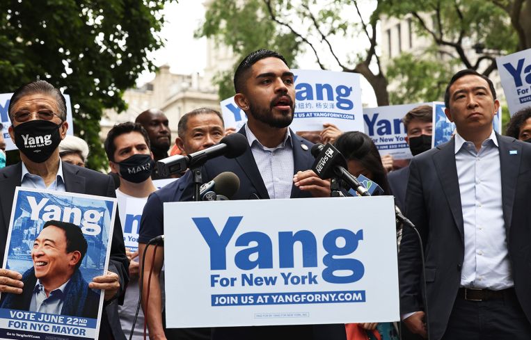 Assemblyman Kenny Burgos speaks during a rally for NYC Mayoral candidate Andrew Yang on May 2021.