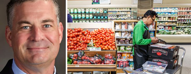 Publix CEO Kevin Murphy and a Publix employee stocks shelves in one of the company's supermarkets.