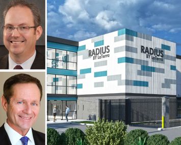 Larry Grantham, managing principal of Calmwater Capital, Charles Tourtellotte, CEO of LaTerra Development, and a rendering of the self storage site on Raymer Street.