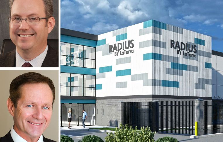 Larry Grantham, managing principal of Calmwater Capital, Charles Tourtellotte, CEO of LaTerra Development, and a rendering of the self storage site on Raymer Street.