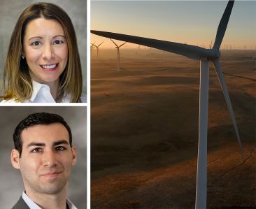 CBRE's Nicole LaRusso and Ben Wurtzel and turbines on a wind farm.