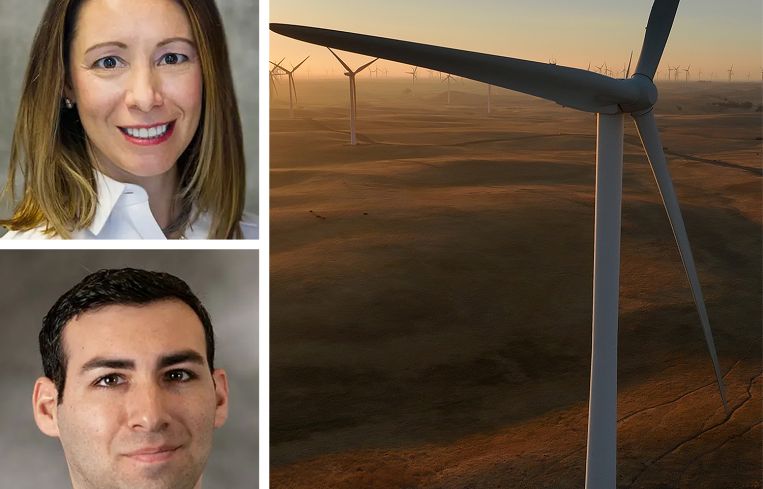 CBRE's Nicole LaRusso and Ben Wurtzel and turbines on a wind farm.