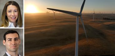 CBRE's Nicole LaRusso and Ben Wurtzel and turbines on a wind farm.