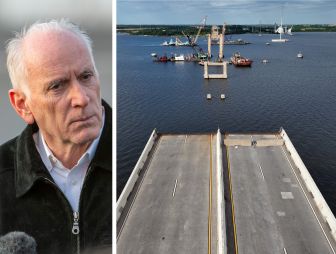 Maryland Secretary of Transportation, Paul J. Wiedefeld and the remains of the Francis Scott Key Bridge in Baltimore.