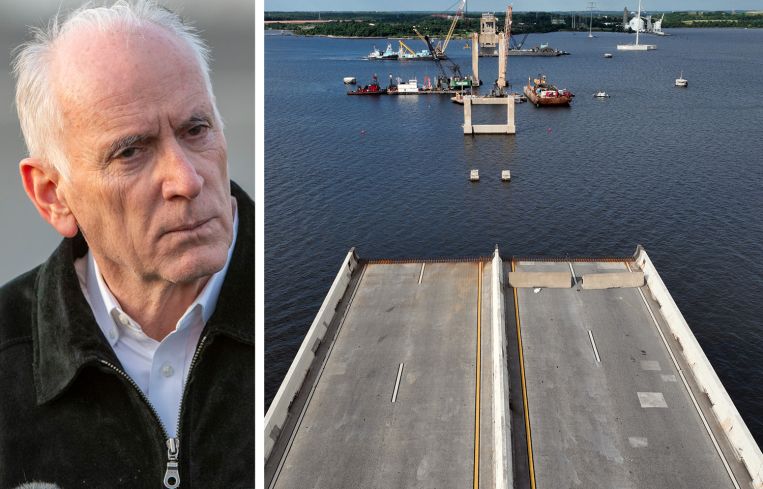 Maryland Secretary of Transportation, Paul J. Wiedefeld and the remains of the Francis Scott Key Bridge in Baltimore.