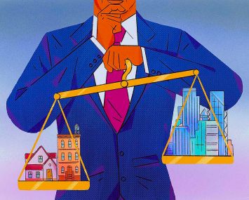 Cartoon of a man in a suit holding a scale weighed down on each side with buildings.