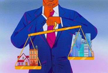 Cartoon of a man in a suit holding a scale weighed down on each side with buildings.