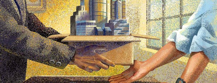 A drawing of a man handing over a box filled with buildings.