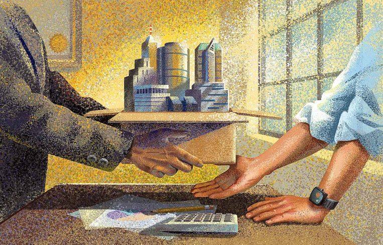 A drawing of a man handing over a box filled with buildings.