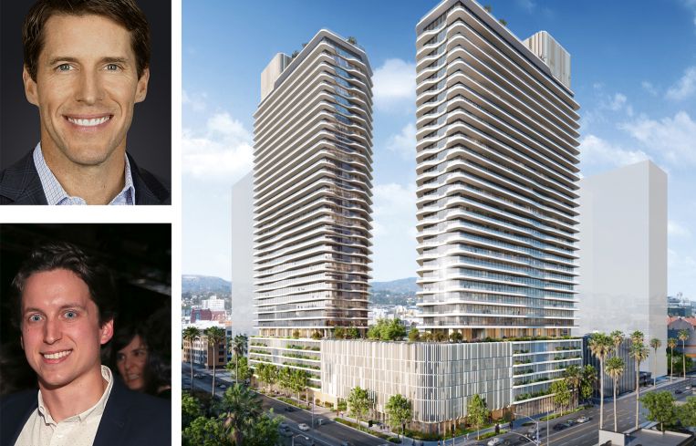 Lincoln Property Company's Rob Kane and Sam Pepper, and a rendering of the updated plans for the CMNTY Culture Campus project in Hollywood.