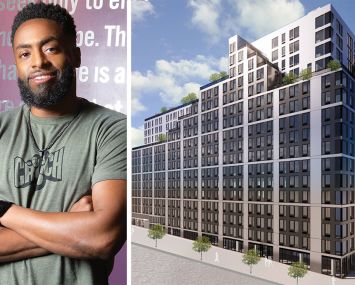 Chequan Lewis, president of Crunch, and a rendering of the multifamily project at 401 West 207th Street.