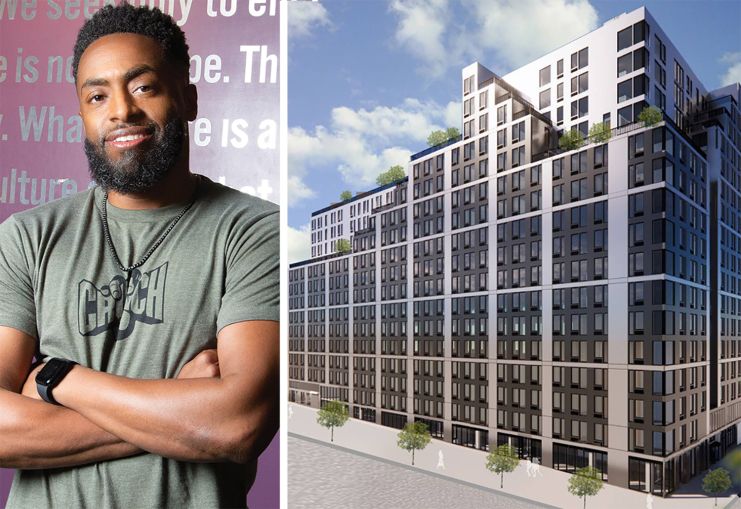 Chequan Lewis, president of Crunch, and a rendering of the multifamily project at 401 West 207th Street.