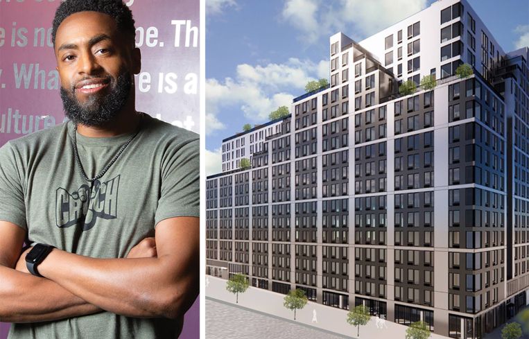 Chequan Lewis, president of Crunch, and a rendering of the multifamily project at 401 West 207th Street.