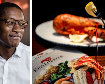Red Lobster CEO Damola Adamolekun, and a Red Lobster menu.