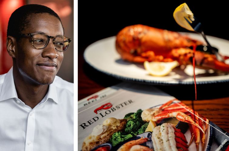 Red Lobster CEO Damola Adamolekun, and a Red Lobster menu.