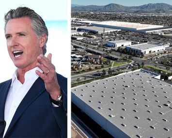 California Governor Gavin Newsom and warehouses in the Inland Empire.