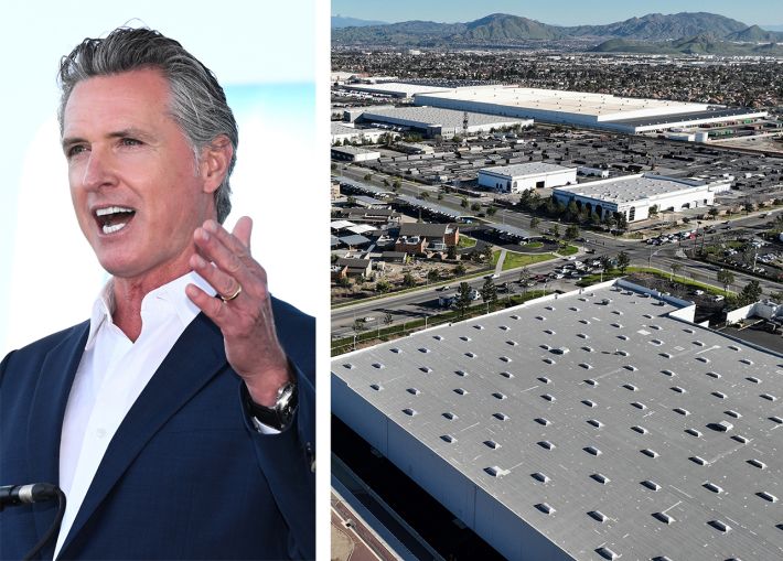 California Governor Gavin Newsom and warehouses in the Inland Empire.