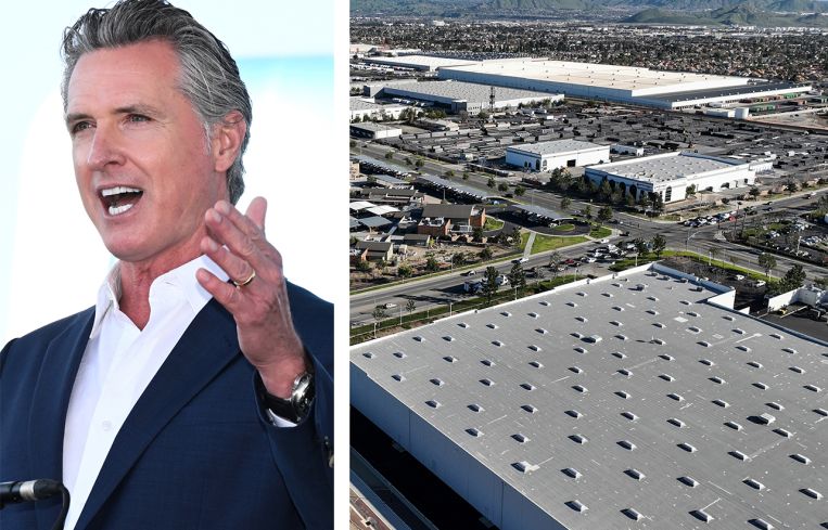 California Governor Gavin Newsom and warehouses in the Inland Empire.