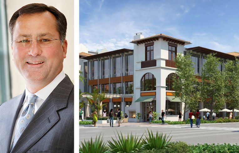 Edwards Companies CEO and President Jeffrey Edwards and a rendering of Atlantic Crossing in Delray Beach, Fla.