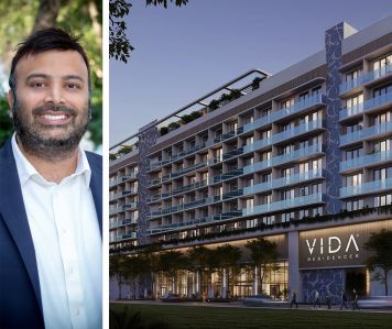 Nisu Mehta, senior vice president, commercial real estate, at Peachtree Group and a rendering of VIDA Edgewater Residences in Miami, Fla.