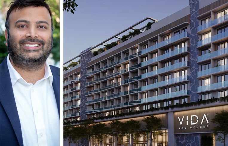 Nisu Mehta, senior vice president, commercial real estate, at Peachtree Group and a rendering of VIDA Edgewater Residences in Miami, Fla.