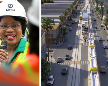 L.A. Metro CEO Stephanie Wiggins and a rendering of The East San Fernando Valley Light Rail Transit Project.
