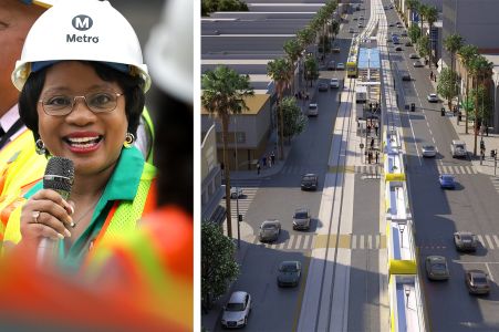 L.A. Metro CEO Stephanie Wiggins and a rendering of The East San Fernando Valley Light Rail Transit Project.