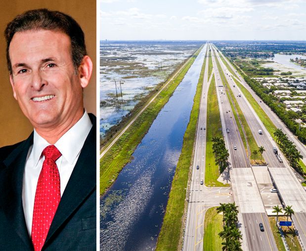 Lennar Executive Chairman and co-CEO Stuart Miller and an aerial view of Broward County and the Everglades.