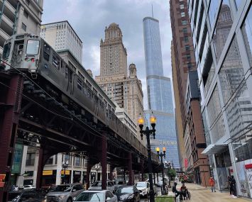 A photo of an above ground train in Chicago.