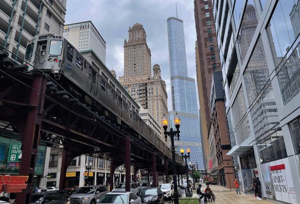 A photo of an above ground train in Chicago.