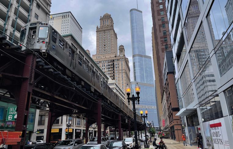 A photo of an above ground train in Chicago.