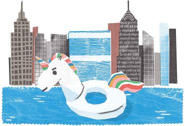 An illustration of a unicorn-shaped float in a river, floating by some tall buildings.