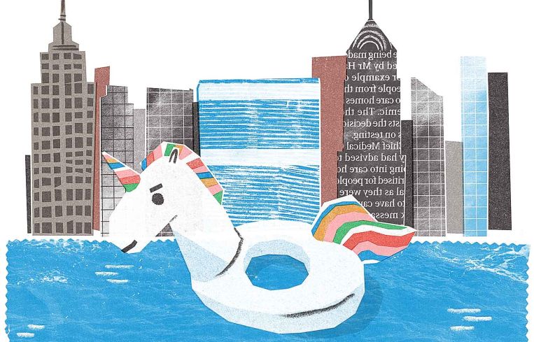 An illustration of a unicorn-shaped float in a river, floating by some tall buildings.