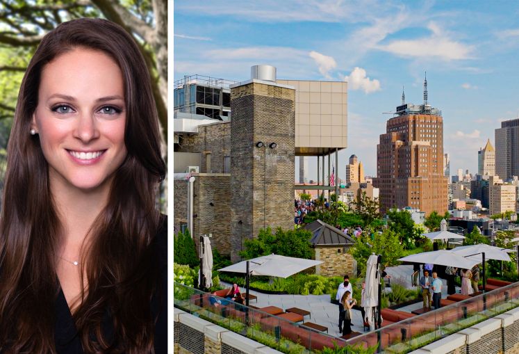 Whitney Burns, SVP of Global Client Strategy at Hines, and the roof deck at 75 Varick Street.