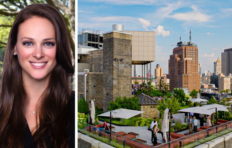Whitney Burns, SVP of Global Client Strategy at Hines, and the roof deck at 75 Varick Street.