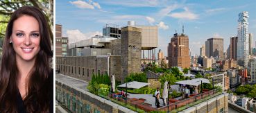 Whitney Burns, SVP of Global Client Strategy at Hines, and the roof deck at 75 Varick Street.