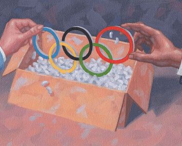 A drawing of Olympic rings coming out of a box.